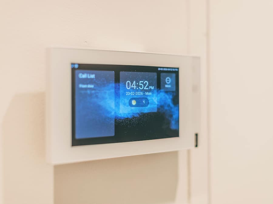 Ein digitales Display an einer wandmontierten Vorrichtung zeigt die Uhrzeit 16:52 Uhr, das Datum 23.02.2026 sowie die Wetterbedingungen.