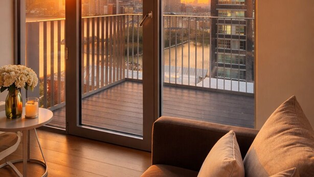 A modern living room with a sofa, a small table with a vase and candle, and a view of a cityscape at sunset through large sliding glass doors. - Canary wharf iconic London skyline view (London)