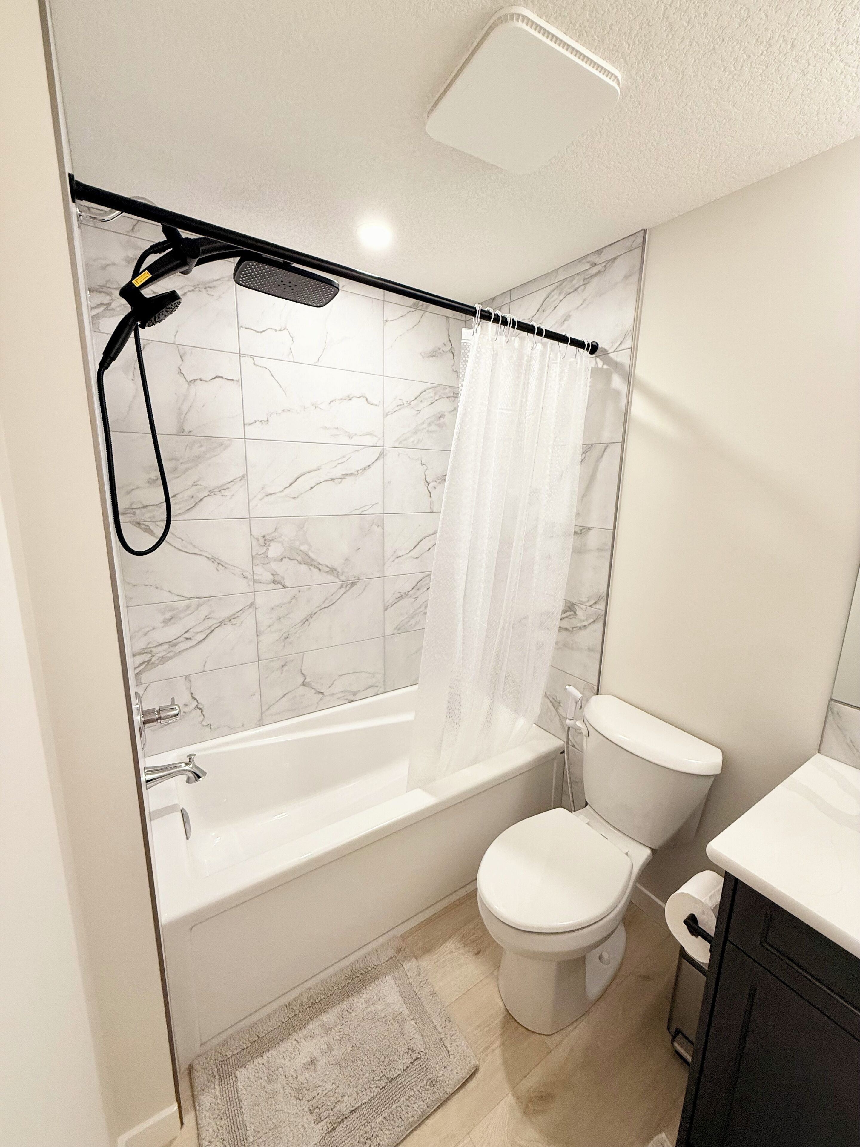 Hair dryer, bidet, towels, soap