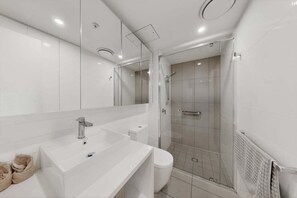 Hair dryer, towels, soap, shampoo