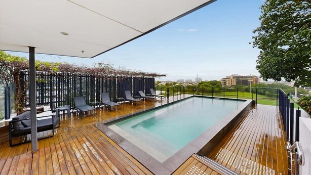 A rooftop pool with wooden decking, lounge chairs, and a pergola with vines.