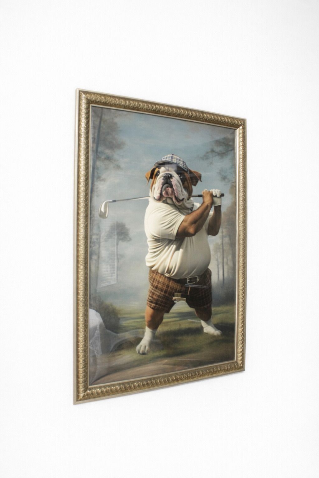 A framed painting of a bulldog in a golf outfit.