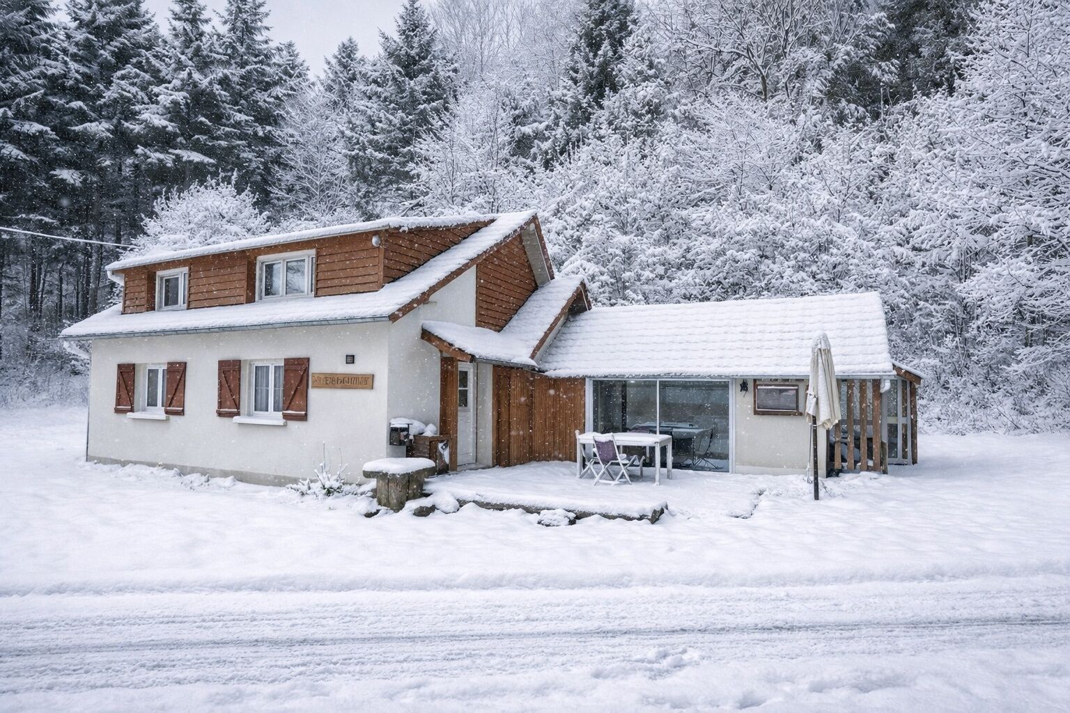 Ein zweistöckiges Haus mit verschneietem Dach und einer kleinen Terrasse mit Tisch und Stühlen.