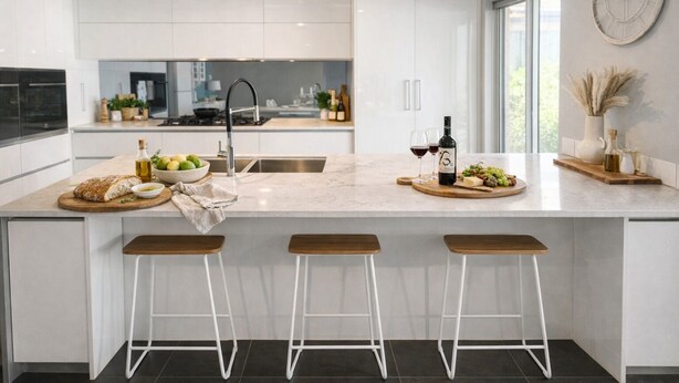 A modern kitchen with a large island, bar stools, a wine bottle, and a clock on the wall. - Coastal retreat 2km from the beach (Golden Bay)