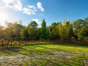 A fenced outdoor area with grass and trees, a clear sky, and a small building in the background.