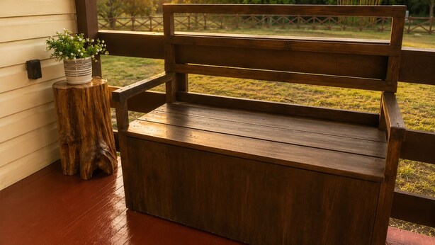 Un banc en bois sur une véranda, avec vue sur une pelouse et des arbres.