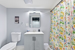 Hair dryer, towels, soap, toilet paper