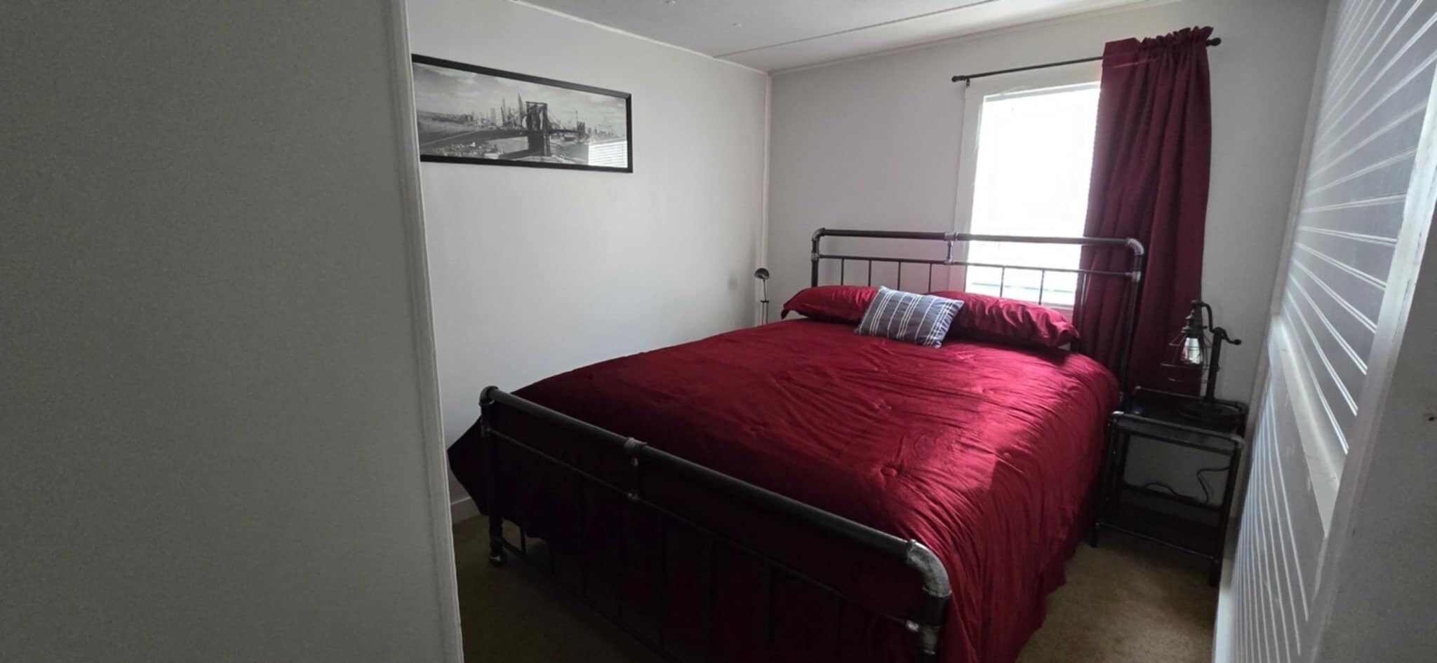 A bedroom with a single bed, a nightstand, a lamp, a window with curtains, and a framed picture on the wall.