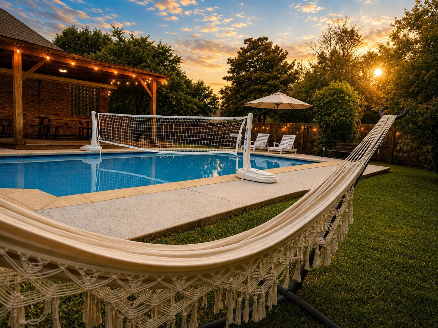 A backyard with a pool, a hammock, and a volleyball net.