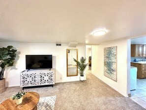 A living room with a TV, decorative cabinet, large mirror, potted plants, and artwork. - Stylish Bungalow Basement Apartment (Provo)
