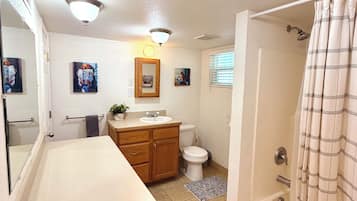 Hair dryer, towels, soap, toilet paper