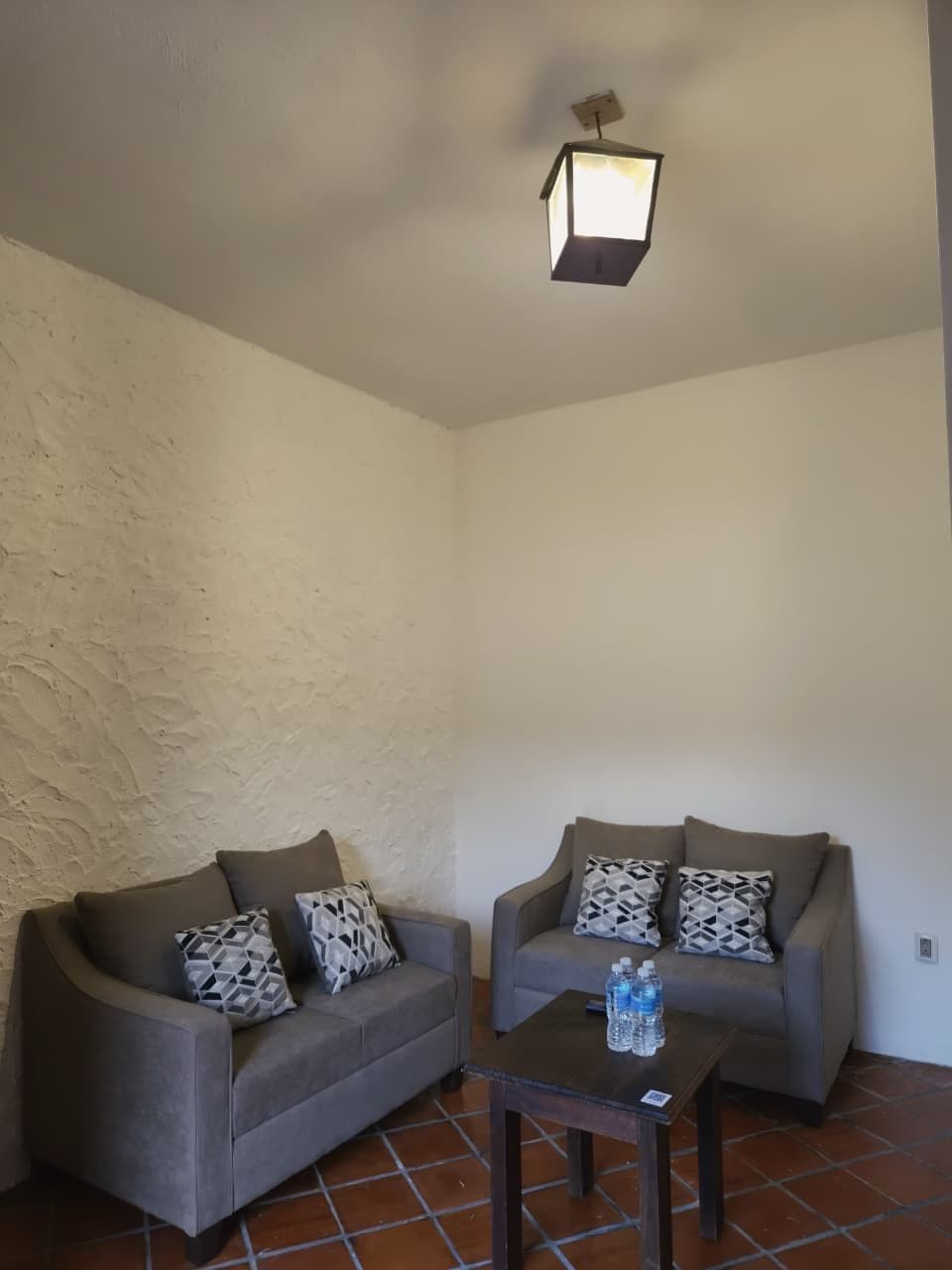 Una habitación con dos sofás, una mesita y una lámpara colgante.