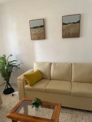 A living room with a beige sofa, a glass coffee table with a plant, a yellow pillow, and two framed pictures on the wall.
