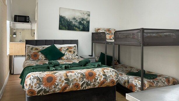 Un dormitorio con literas, una cama individual, una kitchenette pequeña y un cuadro en la pared.