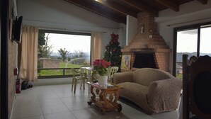 Un salon avec une cheminée, un sapin de Noël et une vue sur l’extérieur.