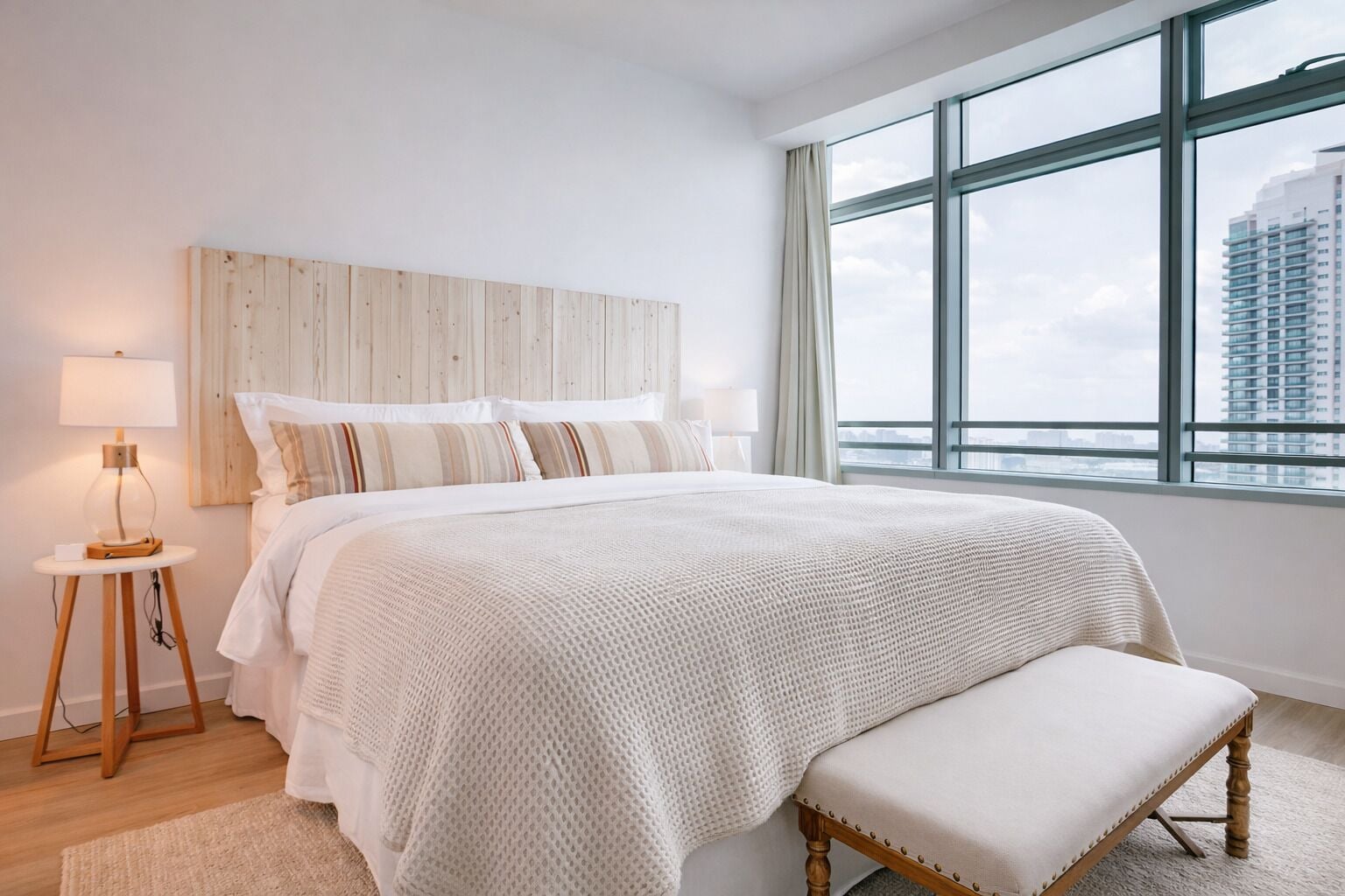 A modern bedroom with a large bed, a bedside table with a lamp, a bench, and a view of a cityscape through large windows.