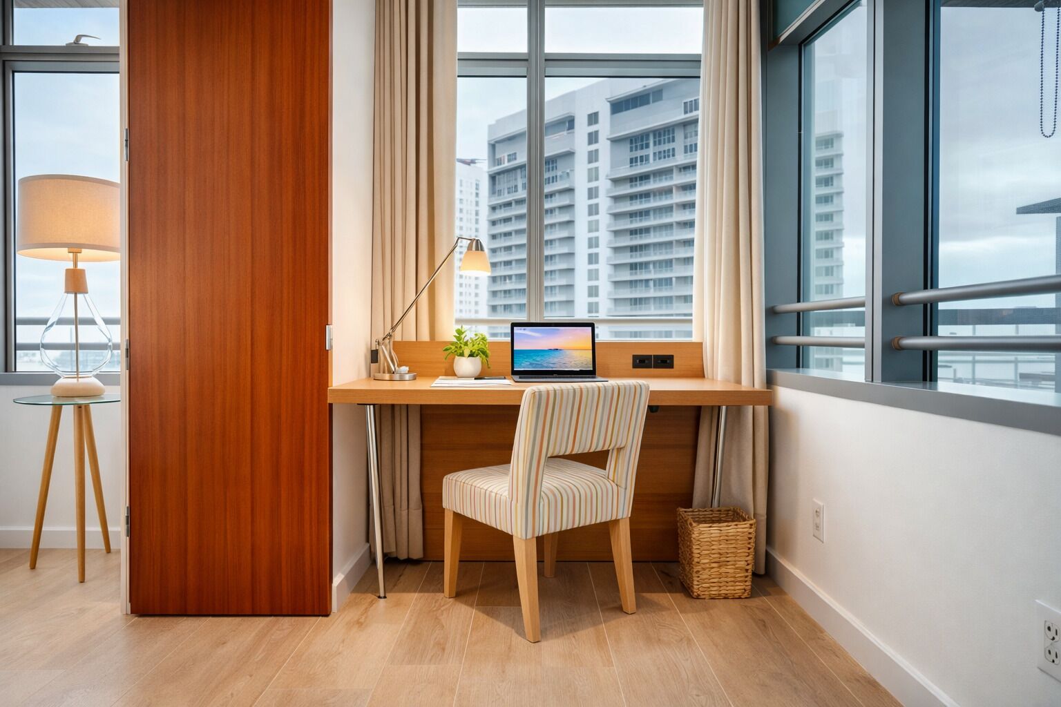 A modern office space with a desk, chair, and laptop. There is a window with a view of high-rise buildings.