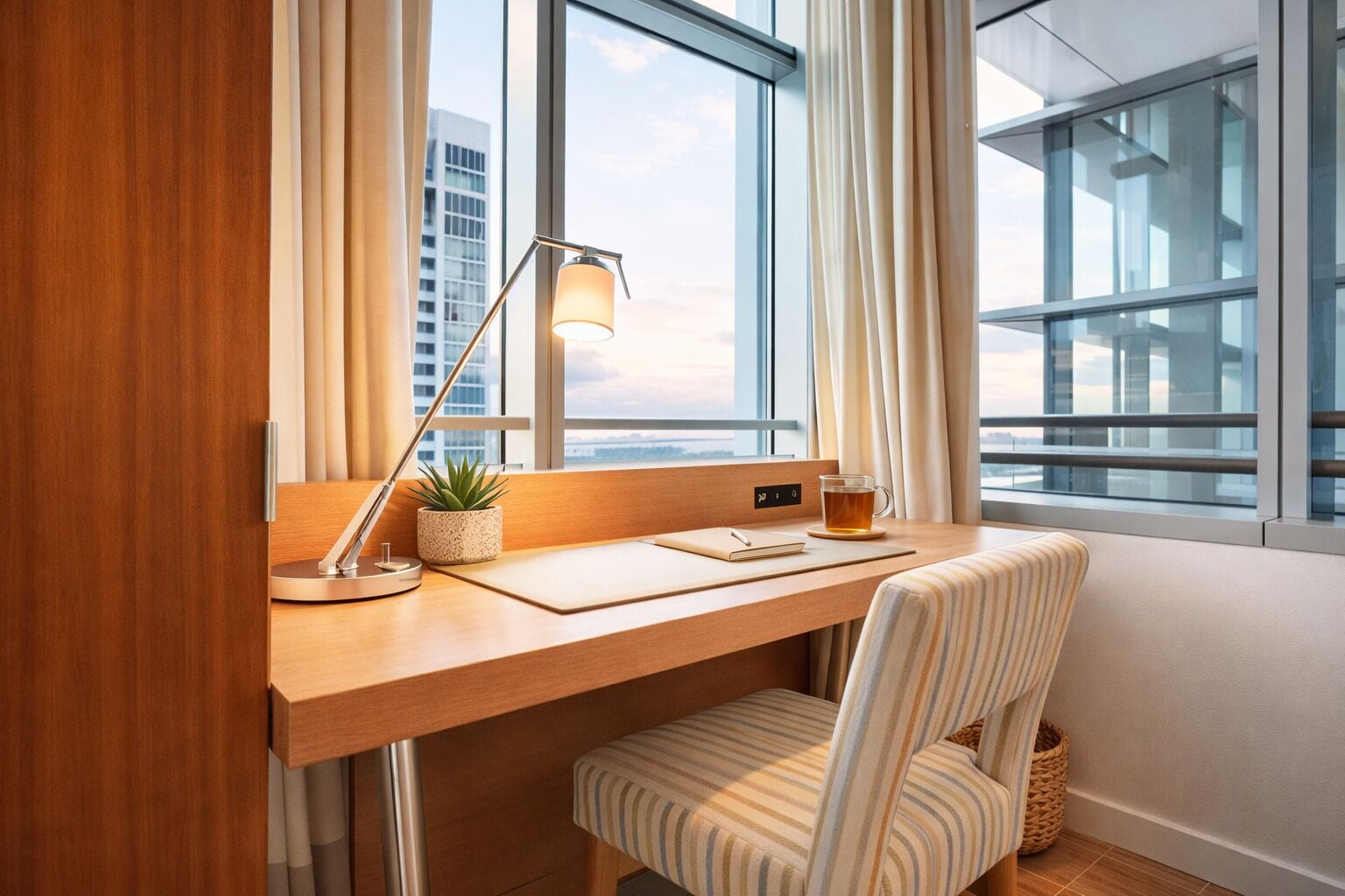 A modern hotel room with a wooden desk, a striped chair, a desk lamp, a small potted plant, a cup of tea, and a view of the city through large windows.