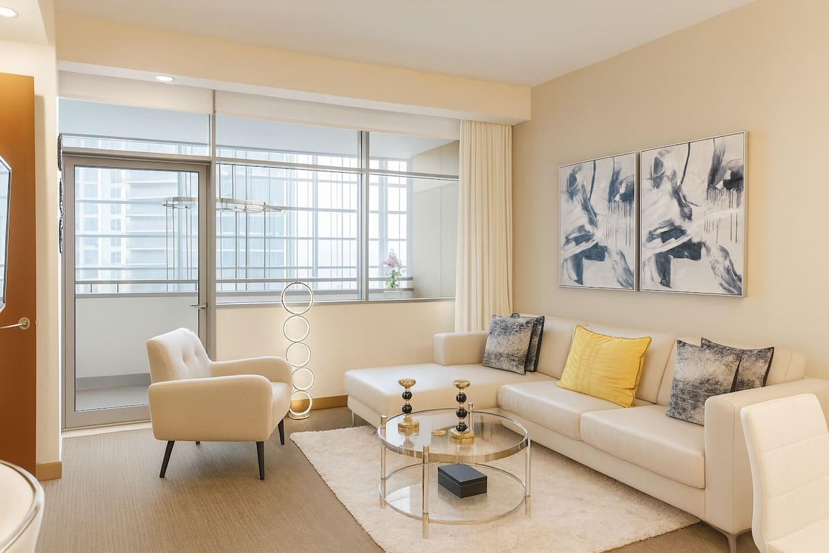 A modern living room with a sofa, armchair, and coffee table. There is a large window with curtains, and artwork on the wall.