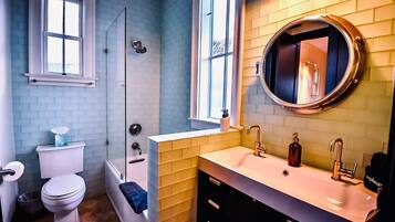 Hair dryer, towels, soap, shampoo