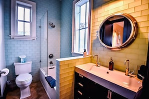 Hair dryer, towels, soap, shampoo