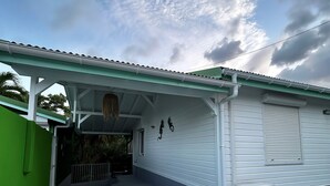 Et overdækket udendørs område med beton gulv, en grøn væg og en hvid bygning med garageport.