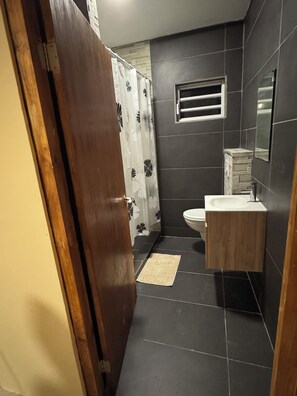 Een badkamer met toilet, wastafel, spiegel en douchegordijn.