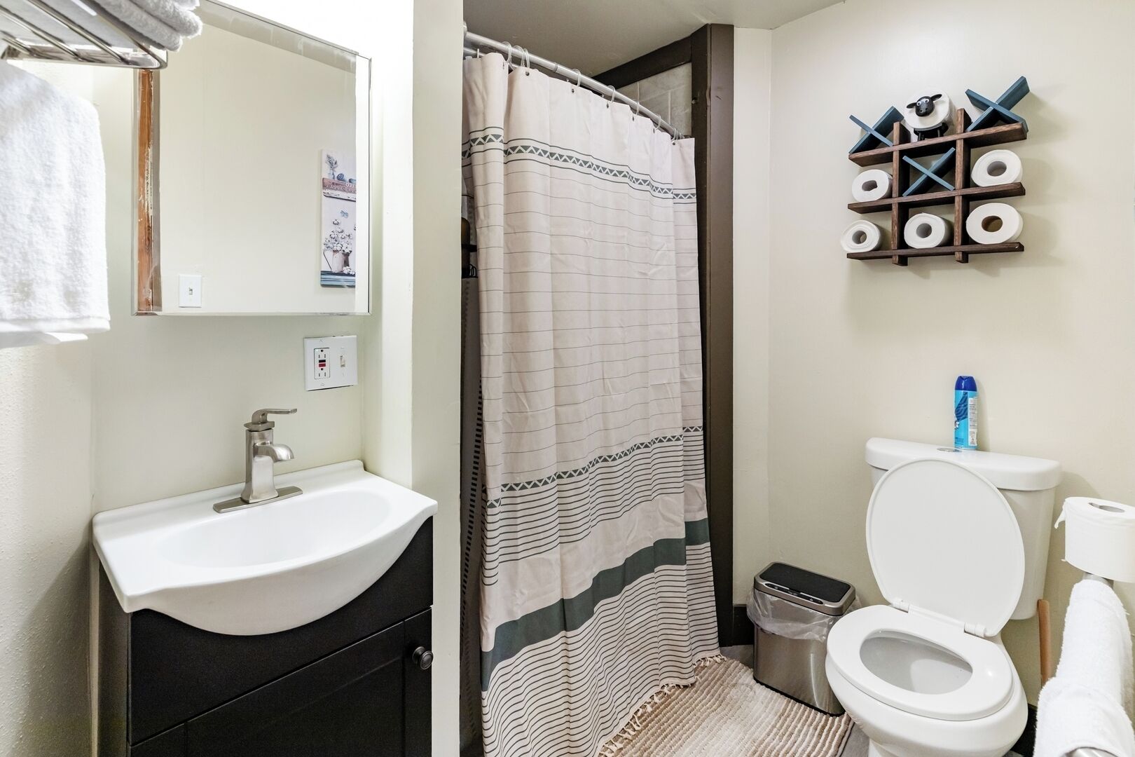 Une salle de bain équipée d’un lavabo, de toilettes, d’un rideau de douche et d’un porte-rouleau de papier toilette.