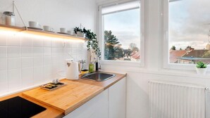 Moderni keittiö, jossa on valkoiset kaapit, puinen työtaso, musta induktioliesi, ruostumattomasta teräksestä valmistettu pesuallas ja ikkuna, josta avautuu näkymä rakennuksiin.
