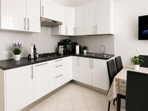 Kühlschrank, Herdplatte, Geschirrspüler, Kochgeschirr/Geschirr/Besteck