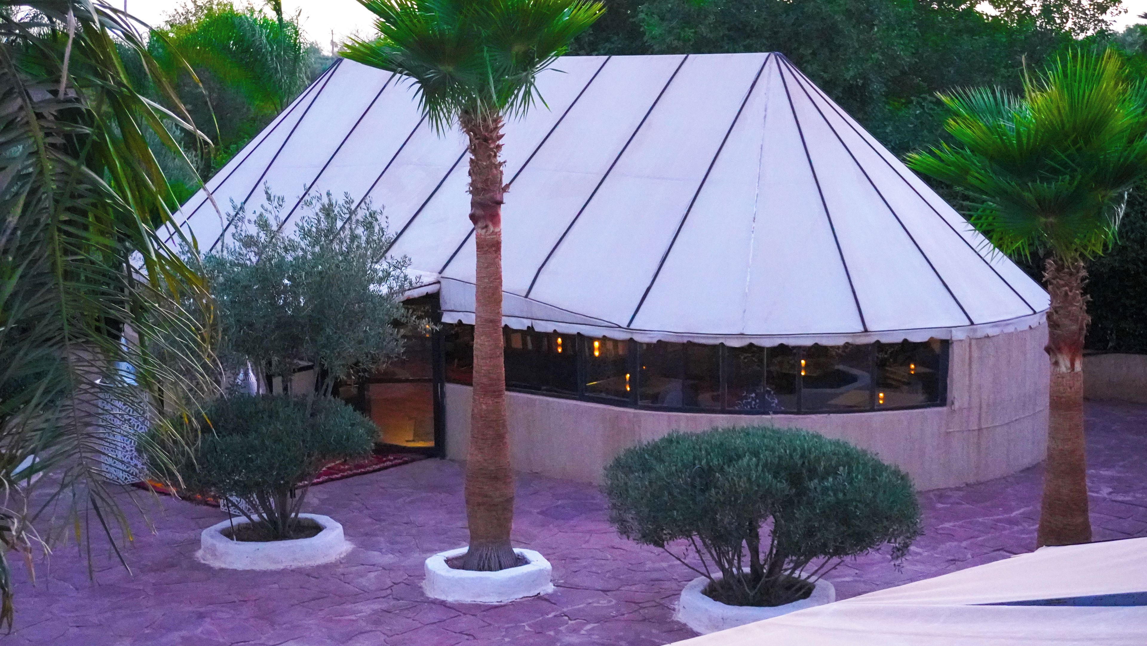 A building with a white, pyramid-like roof structure surrounded by palm trees and small bushes.