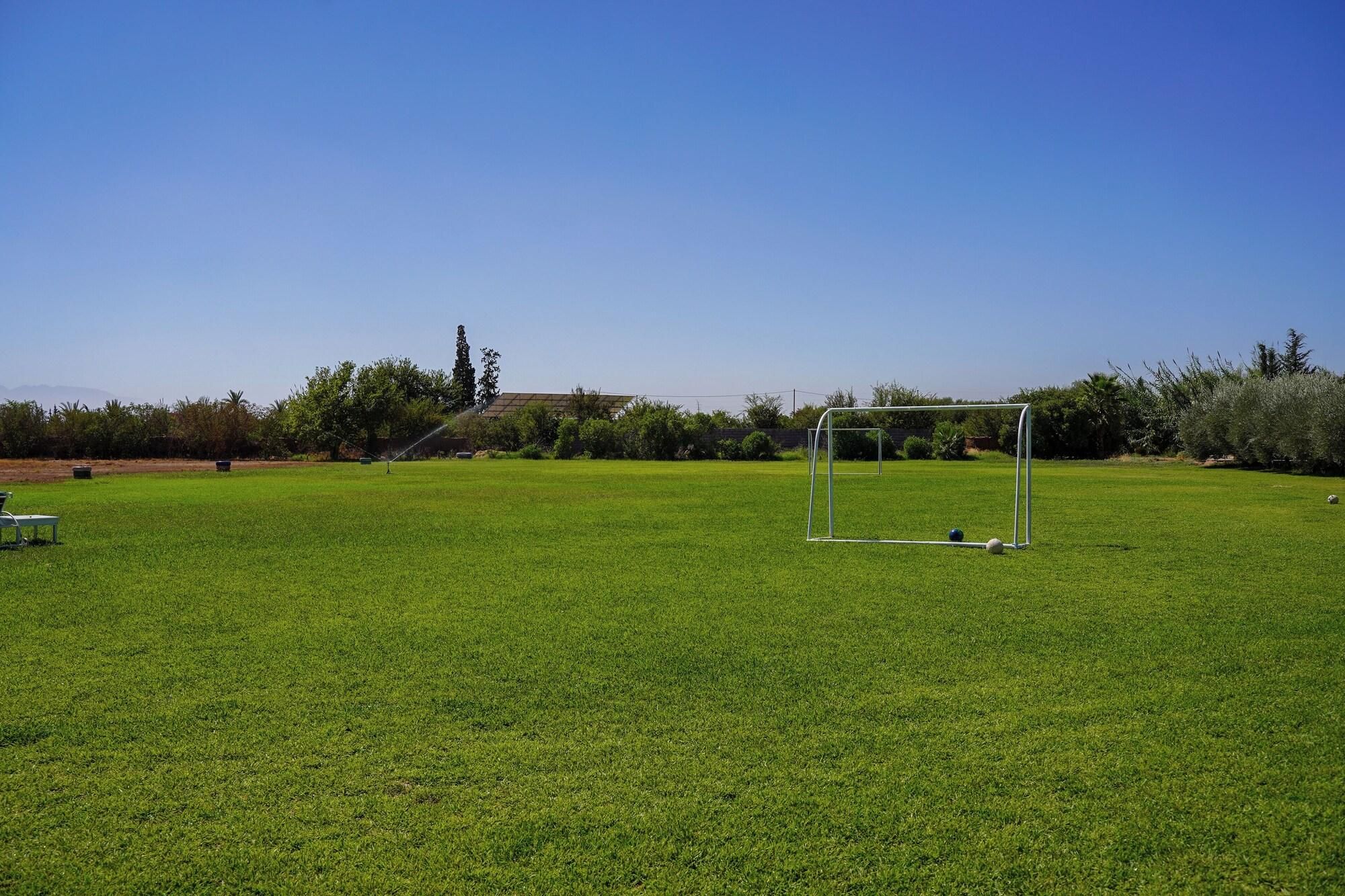 Un terrain de football avec des poteaux de but et un système d’arrosage automatique.
