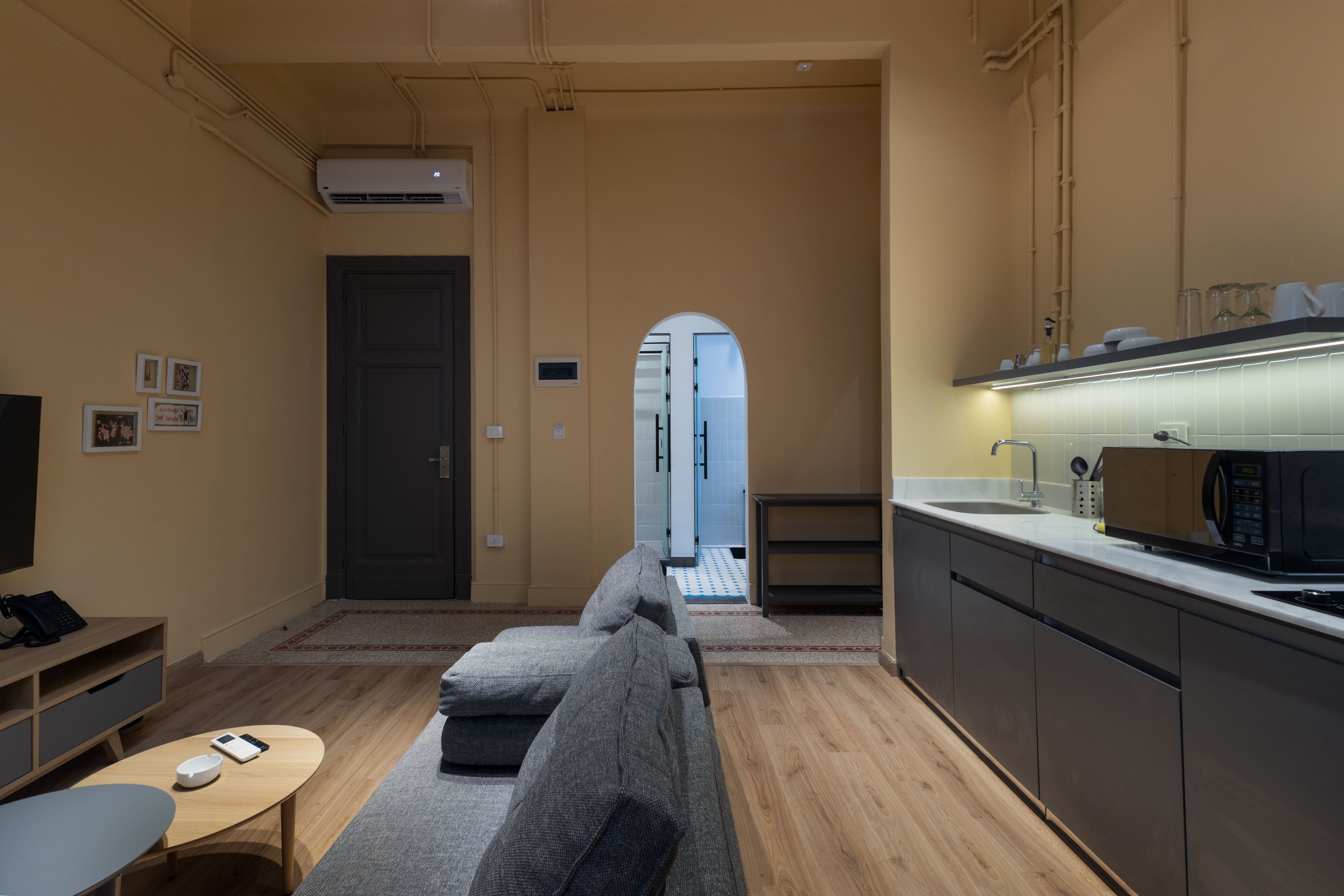 A modern kitchen with a microwave, sink, and cabinets, a sofa in the living area, and a television on a stand.