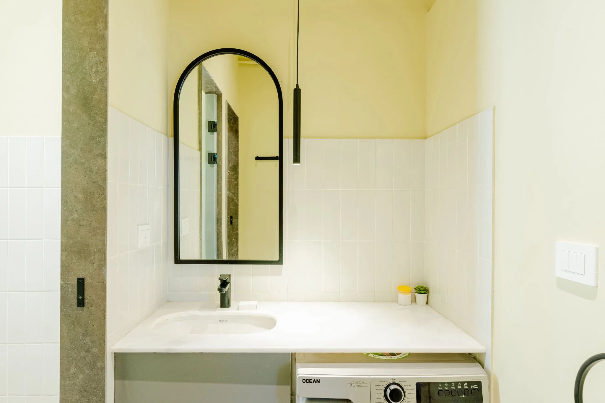 Een badkamer met een wit wastafel, een spiegel en een kleine plant op het aanrecht.