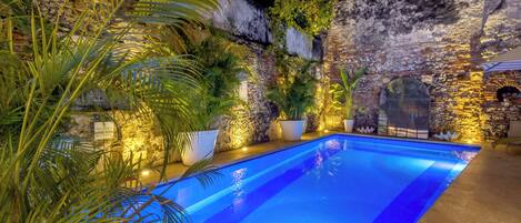 A swimming pool with a stone wall and tropical plants.