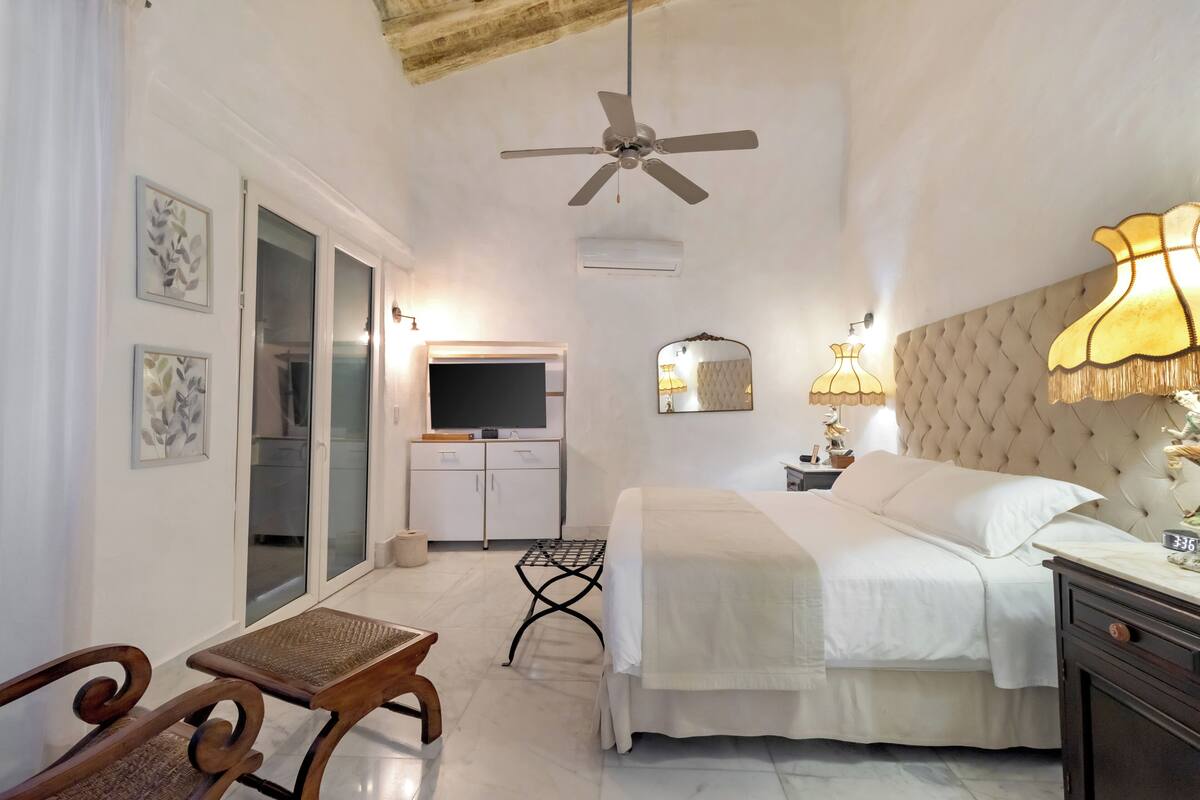 Une chambre à coucher avec un lit, un ventilateur de plafond, une télévision et un bureau avec une chaise.
