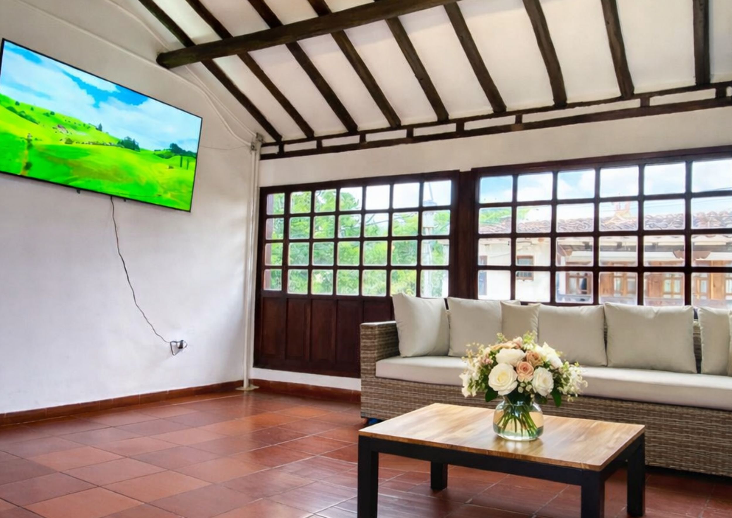 A room with a television mounted on the wall, a sofa with cushions, a coffee table with a vase of flowers, and large windows with a view of greenery and buildings.