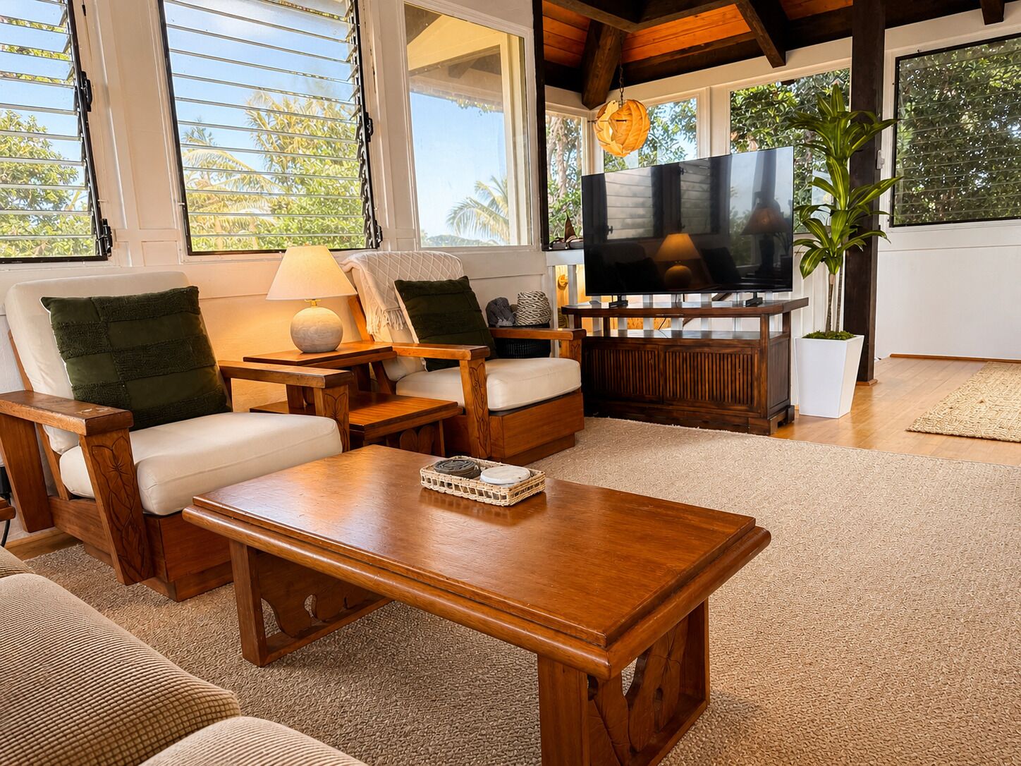 Un soggiorno accogliente con un tavolino in legno, due divani con cuscini verdi, una TV su un mobile in legno e ampie finestre con tende.