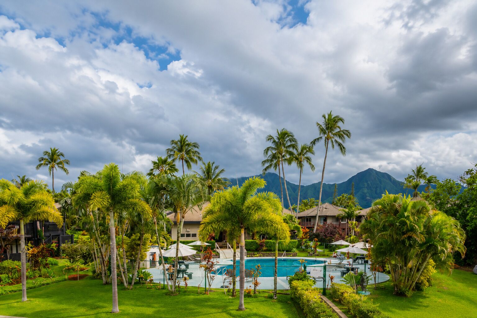 A resort with a swimming pool, palm trees, and mountains in the background.