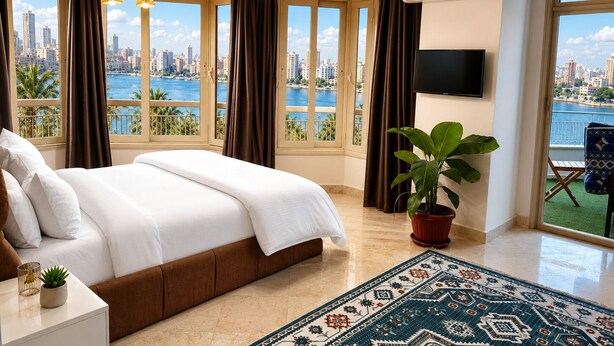 Habitación de hotel con una cama grande, televisión, planta en maceta y vista de la ciudad a través de amplias ventanas.