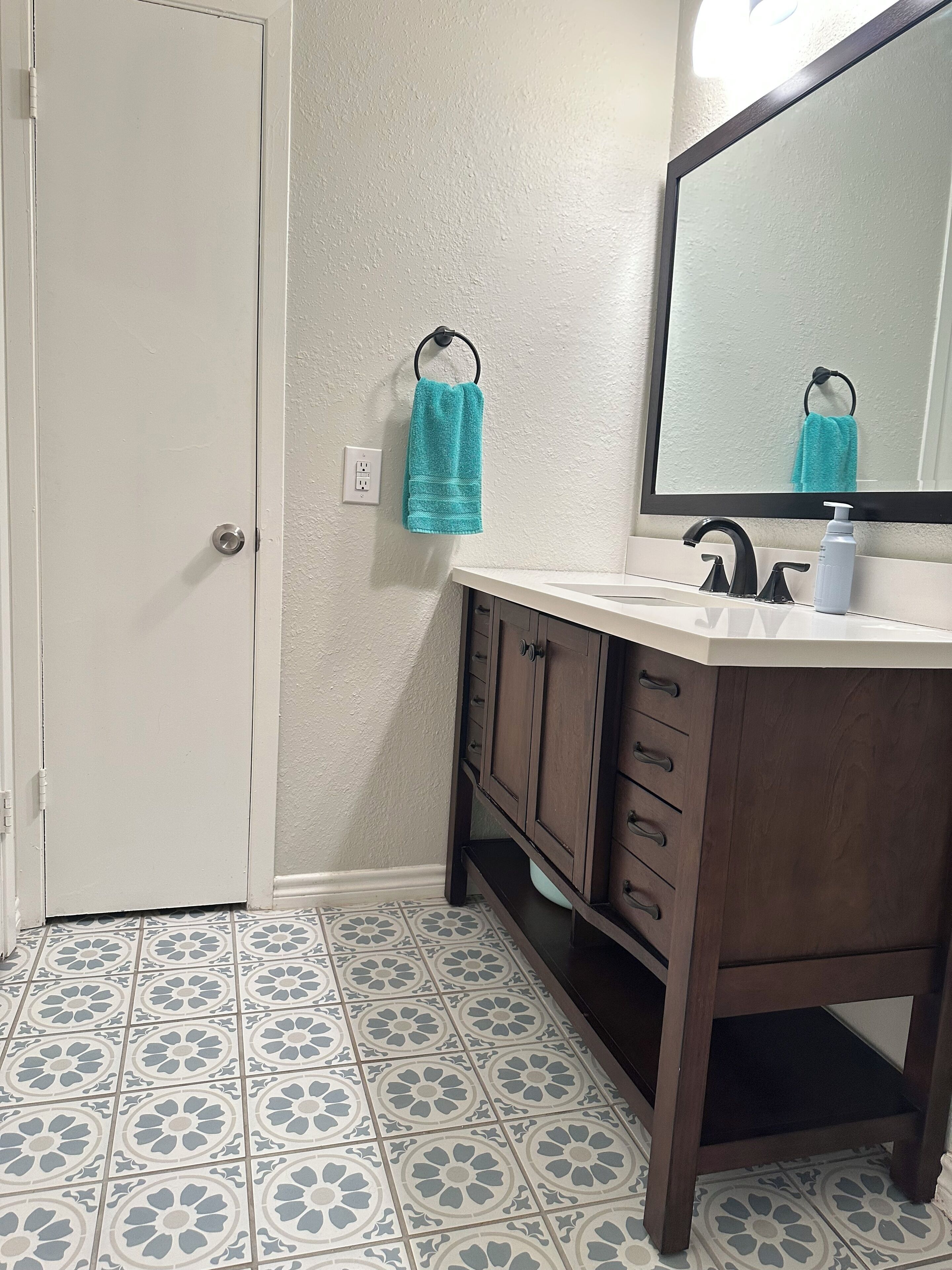 Hair dryer, towels, soap, shampoo