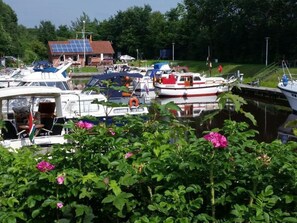 En småbåtshamn med förtöjda båtar, en byggnad med solpaneler och frodig grönska.