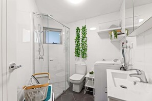 Shower, hair dryer, towels, shampoo