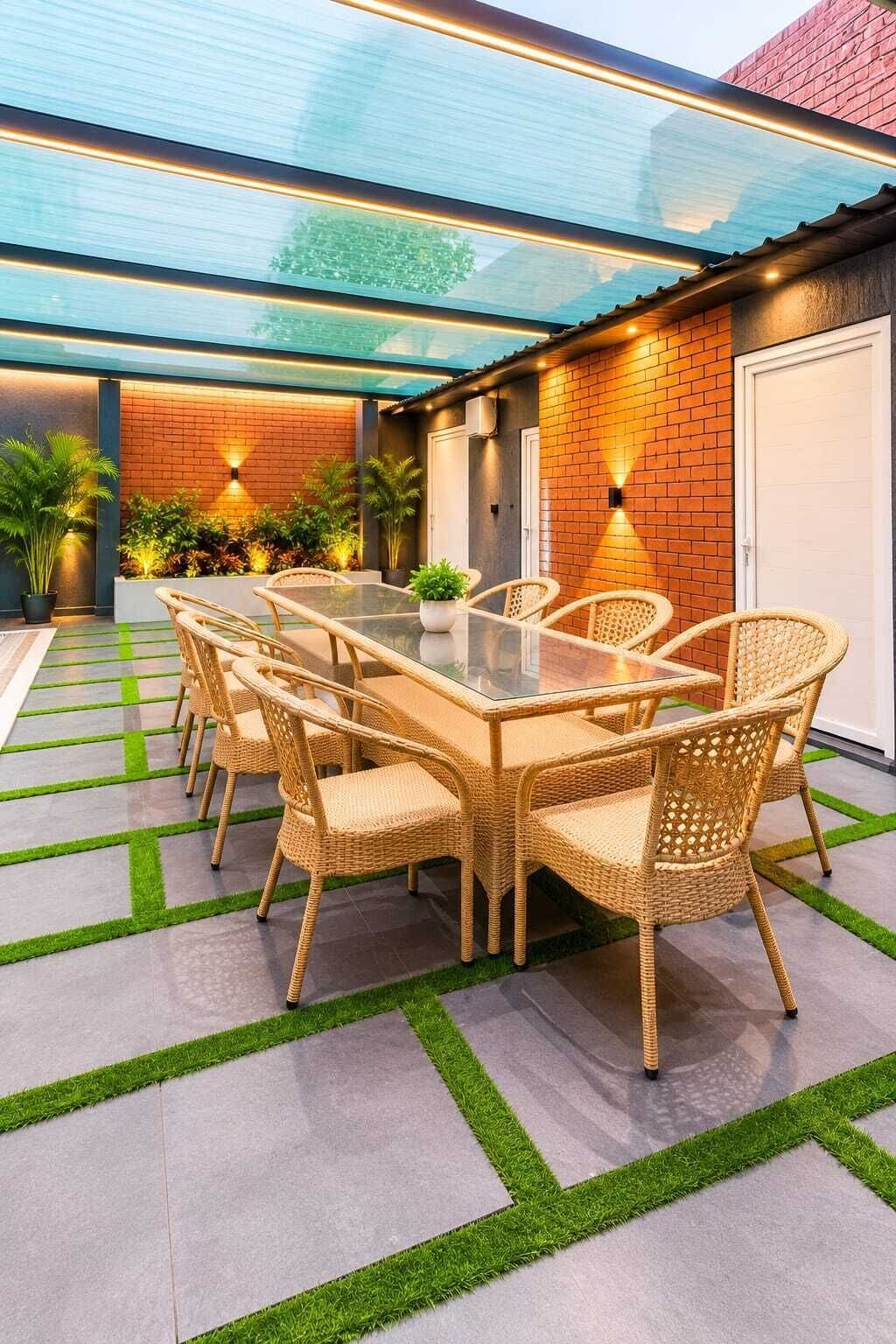 Un espace de restauration en plein air avec une table à plateau de verre et des chaises en osier, entouré d’un mur de briques et de plantes en pot.