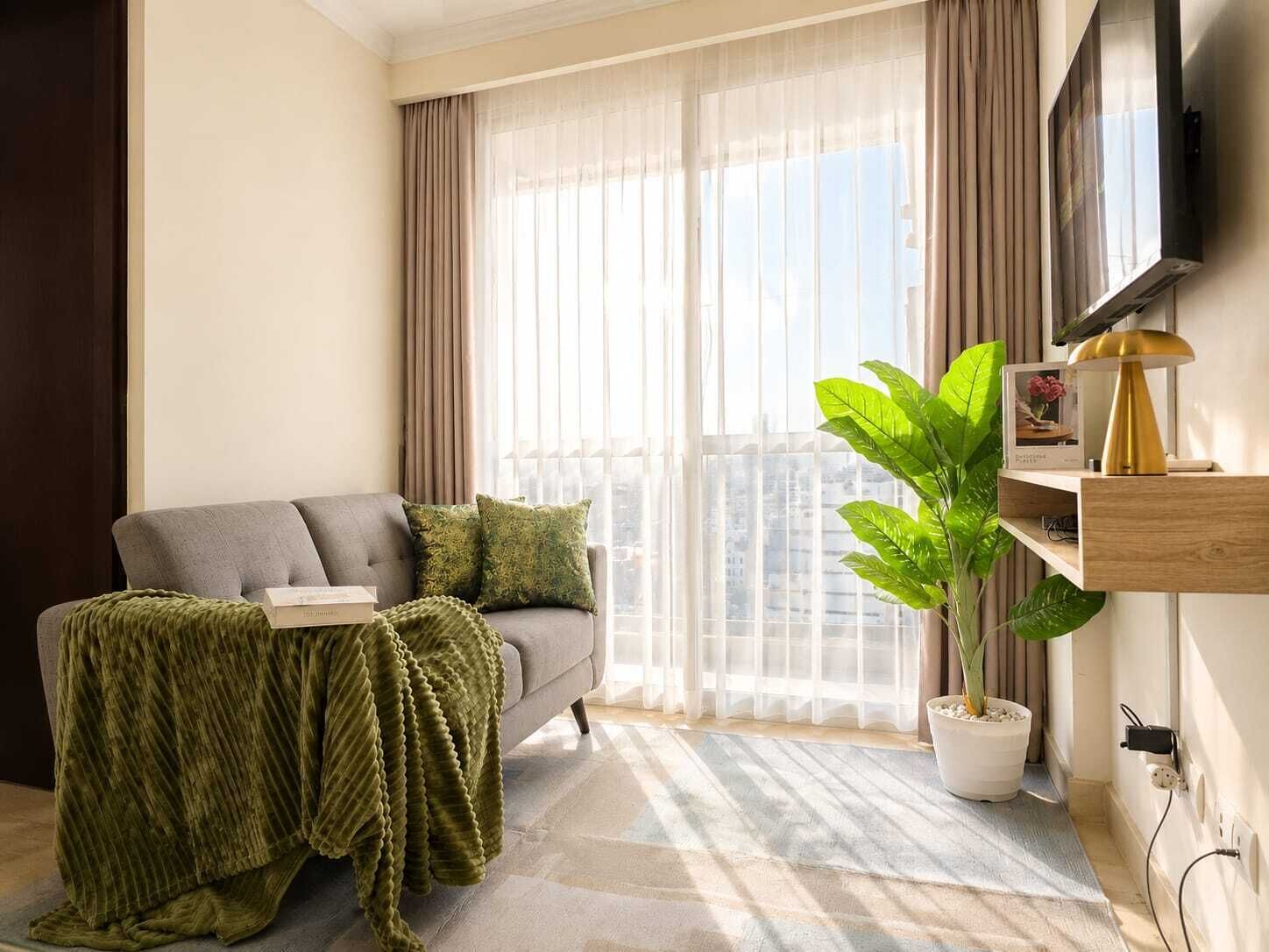 A living room with a sofa, a green blanket, a potted plant, a TV, and a city view through the window.