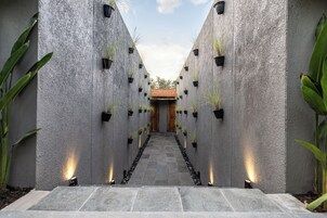 Un pasillo con un camino central bordeado por paredes con plantas en macetas y luces, que conduce a un edificio con techo de tejas.