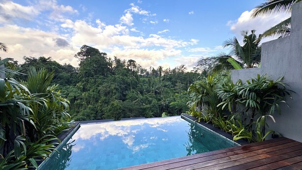 A wooden deck leading to a rectangular infinity pool with a view of a lush, green forest. - The Clifton Villas Ubud (Ubud)