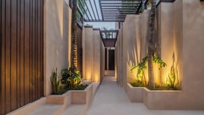 Un couloir étroit et ensoleillé, aux murs et aux marches en béton, qui mène à un espace abrité, agrémenté de plantes et doté d’une porte en bois.