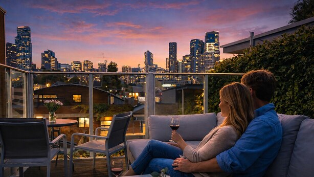 A couple on a balcony with a city view, a table with a glass of wine, and a cheese board. - Rare 3 Parking! Amazing City Views, CBD at Doorsteps, 3BR2B Beautiful Terrace (West Melbourne)