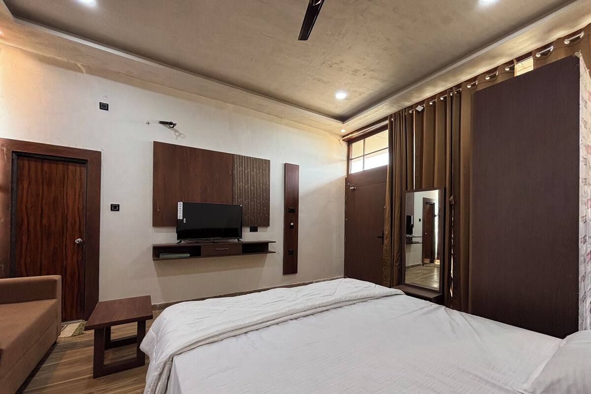 A bedroom with a bed, a TV, a wooden wardrobe, a mirror, and a door.